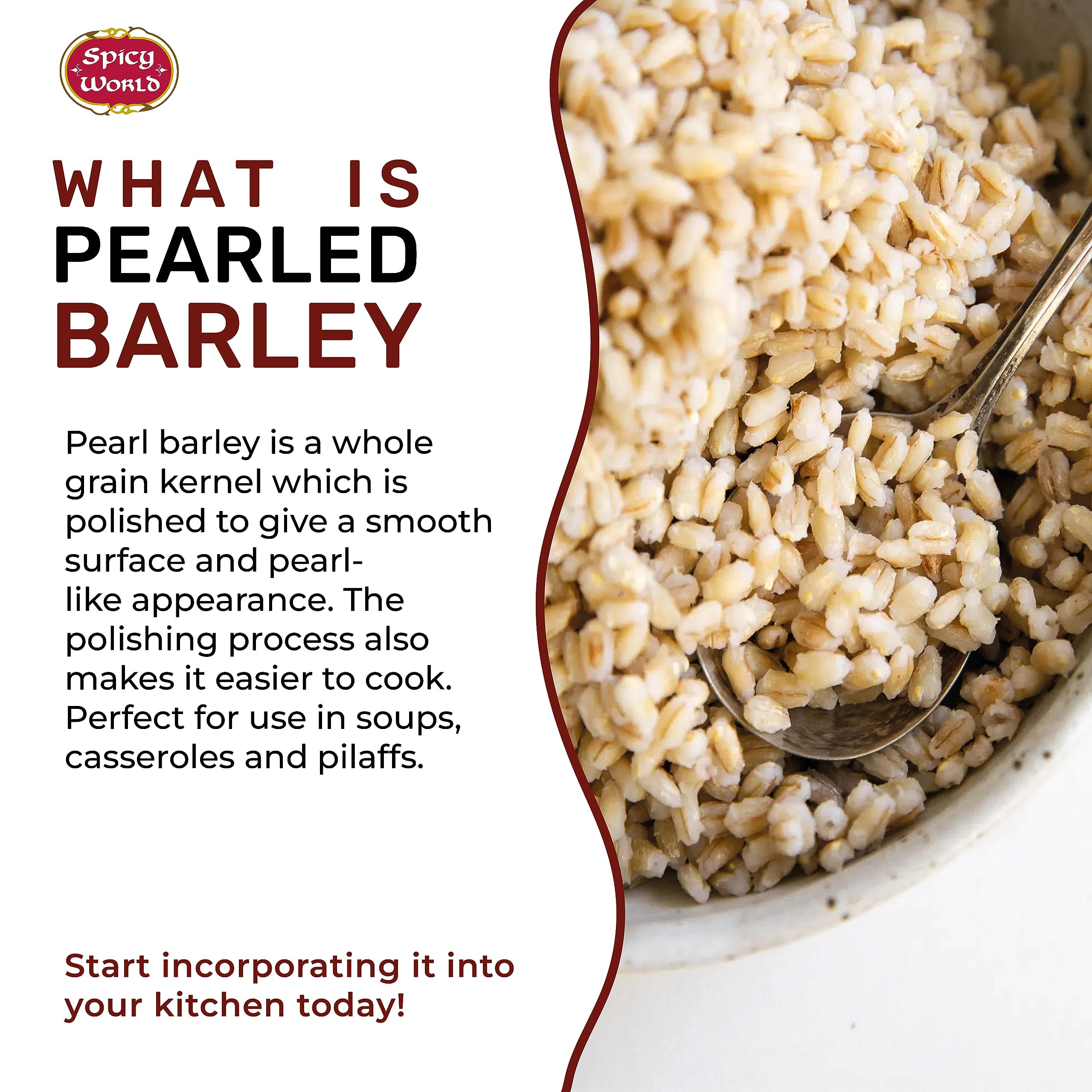 Spicy World Non-GMO barley grain image emphasizing rugged texture and natural sourcing.
