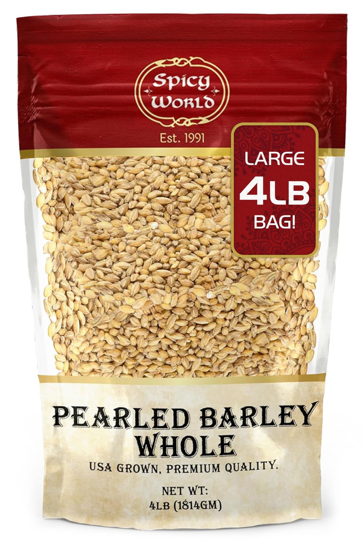 Spicy World Pearl Barley whole grain pack shown, ideal for pantry storage and future meals.