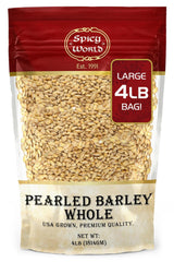 Spicy World Pearl Barley whole grain pack shown, ideal for pantry storage and future meals.