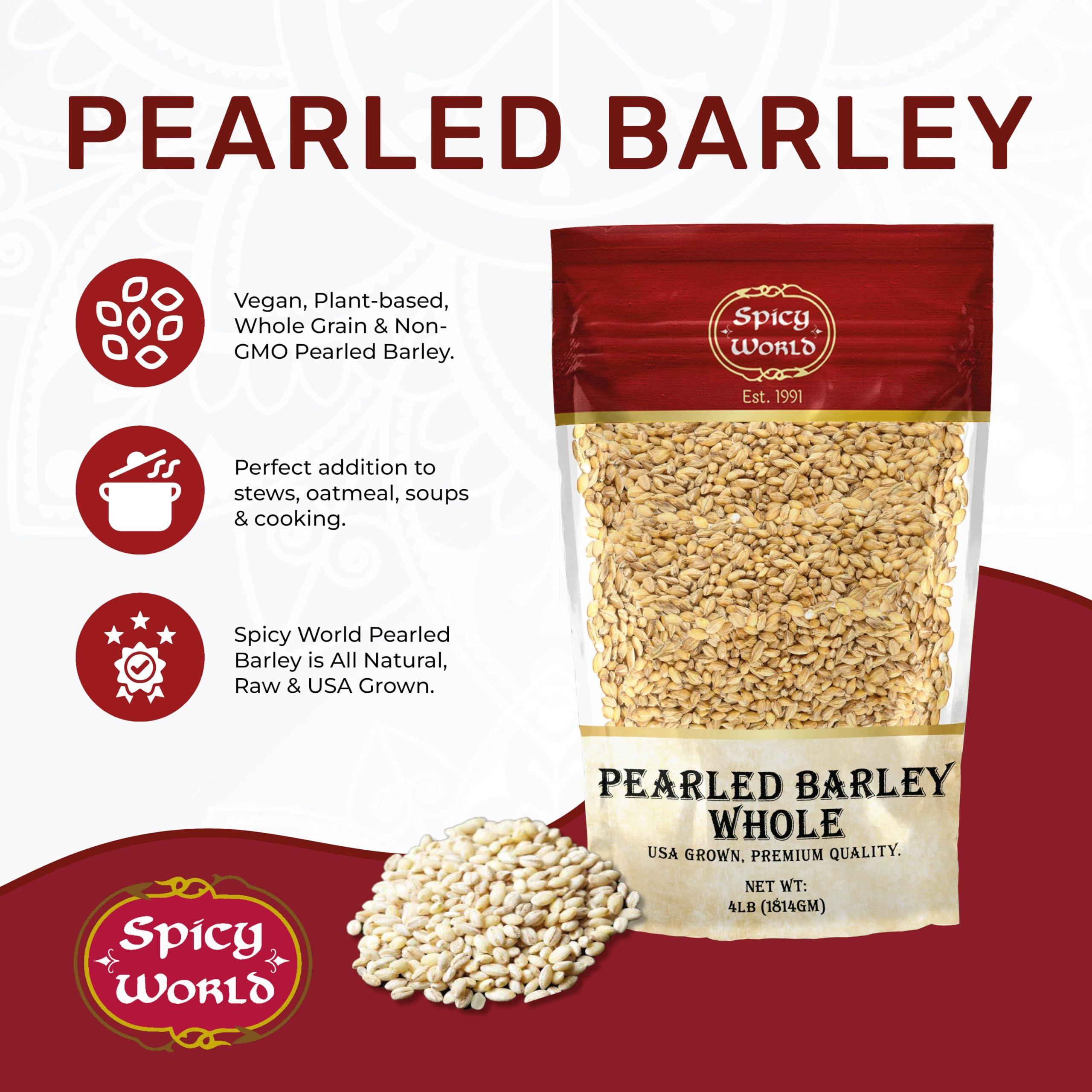 Spicy World USA grown barley bag close-up highlighting premium whole grain quality.