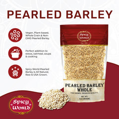 Spicy World USA grown barley bag close-up highlighting premium whole grain quality.