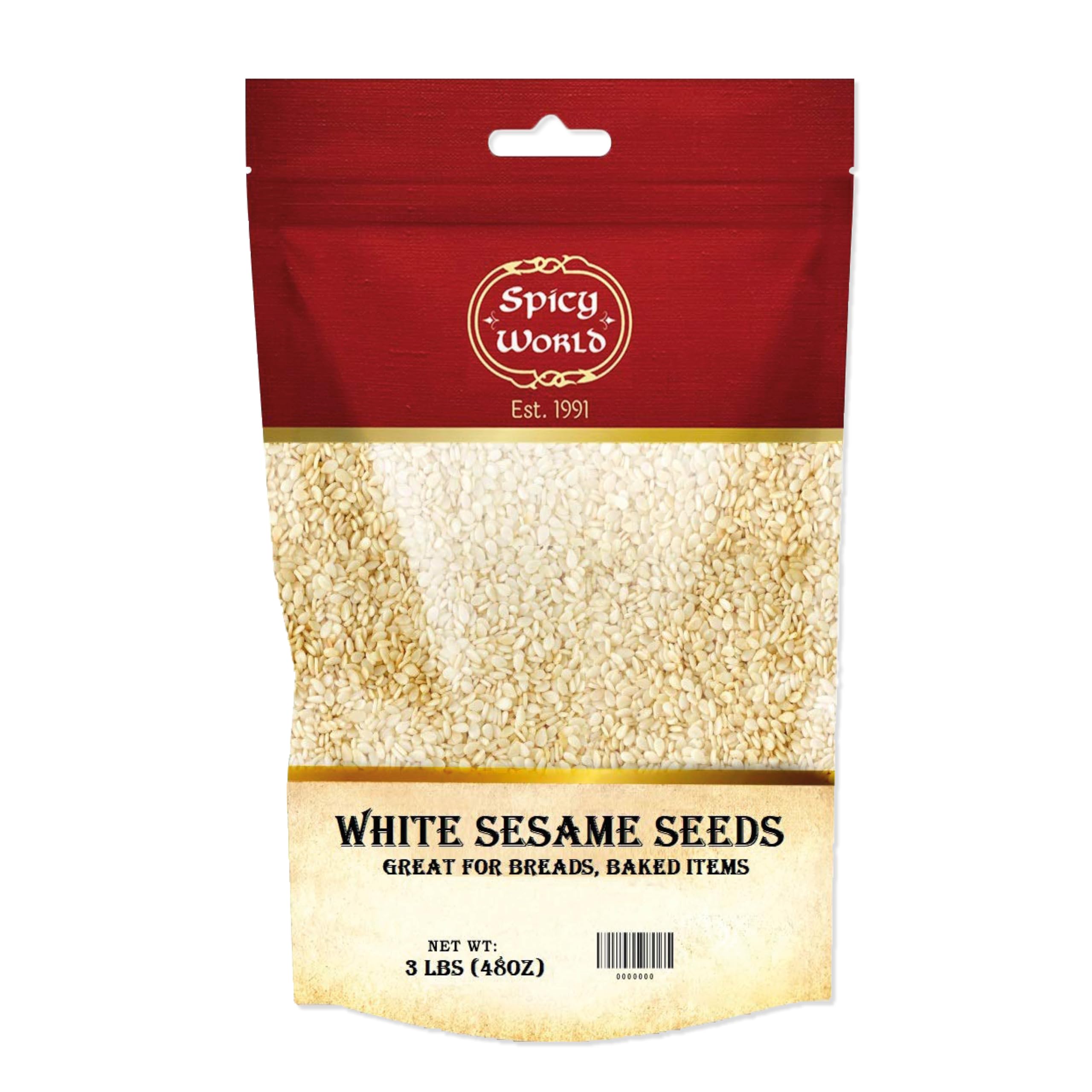 Spicy World white sesame seeds 3lb bag closeup highlighting nutty aroma and quality