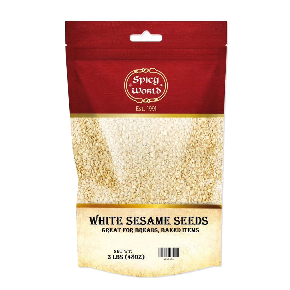 Spicy World white sesame seeds 3lb bag closeup highlighting nutty aroma and quality