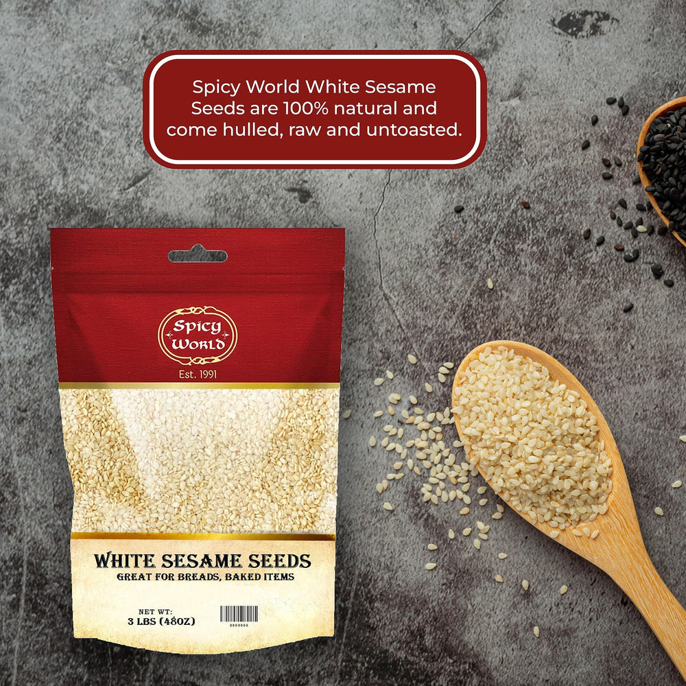 Spicy World white sesame seeds in a mixing bowl for baking