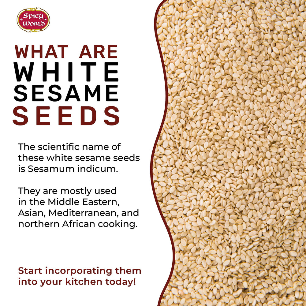 Spicy World white sesame seeds pouring into a bowl for tahini or baking