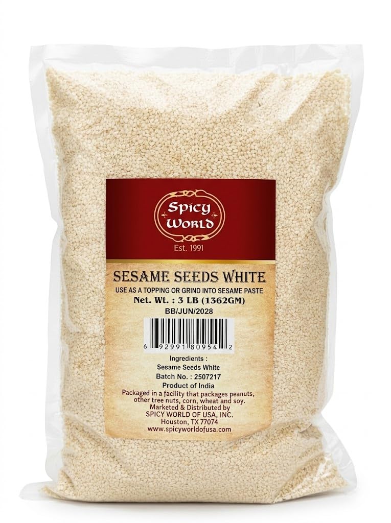 Spicy World white sesame seeds displayed in a pantry for versatile use