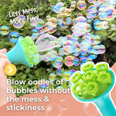 SPIKE botanical bubble solution in aqua bottle is gentle on skin.