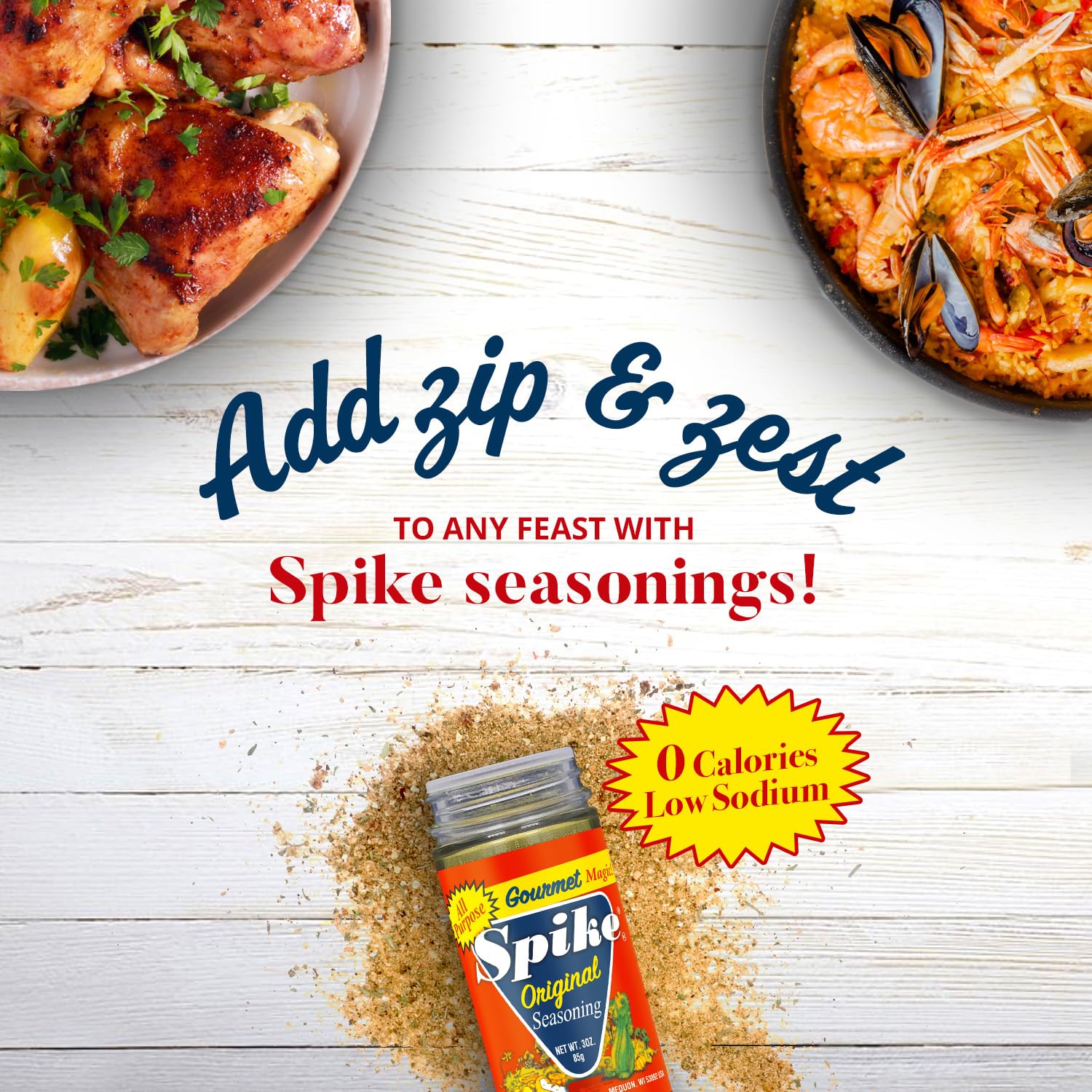 Spike Original all-purpose seasoning salt on a kitchen counter with vegetables for weeknight meals.