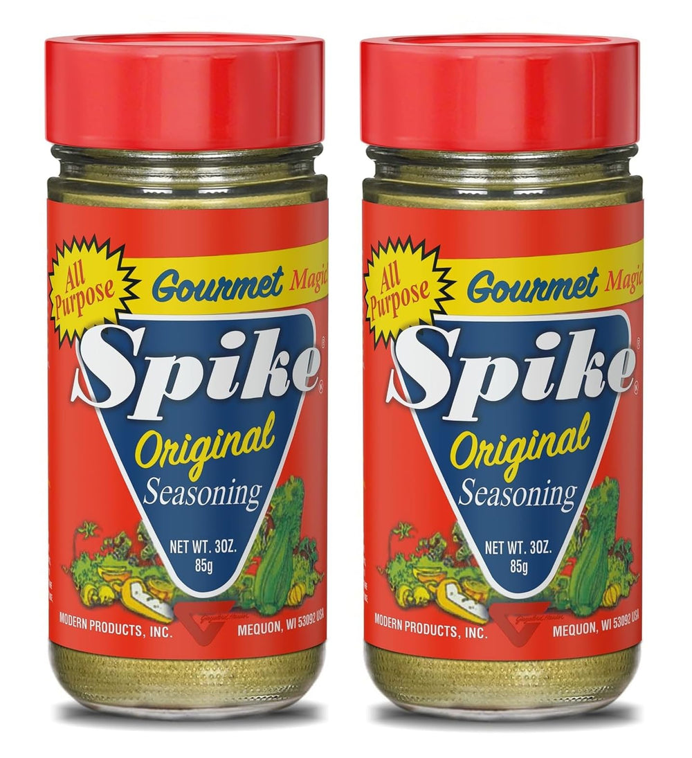 Spike Original Seasoning bottle shown for versatile fish and veggie flavor.