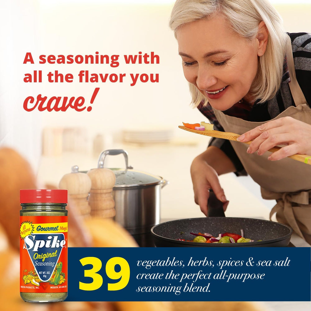 Spike Seasoning shaker on kitchen counter ready for grilling or roasting.