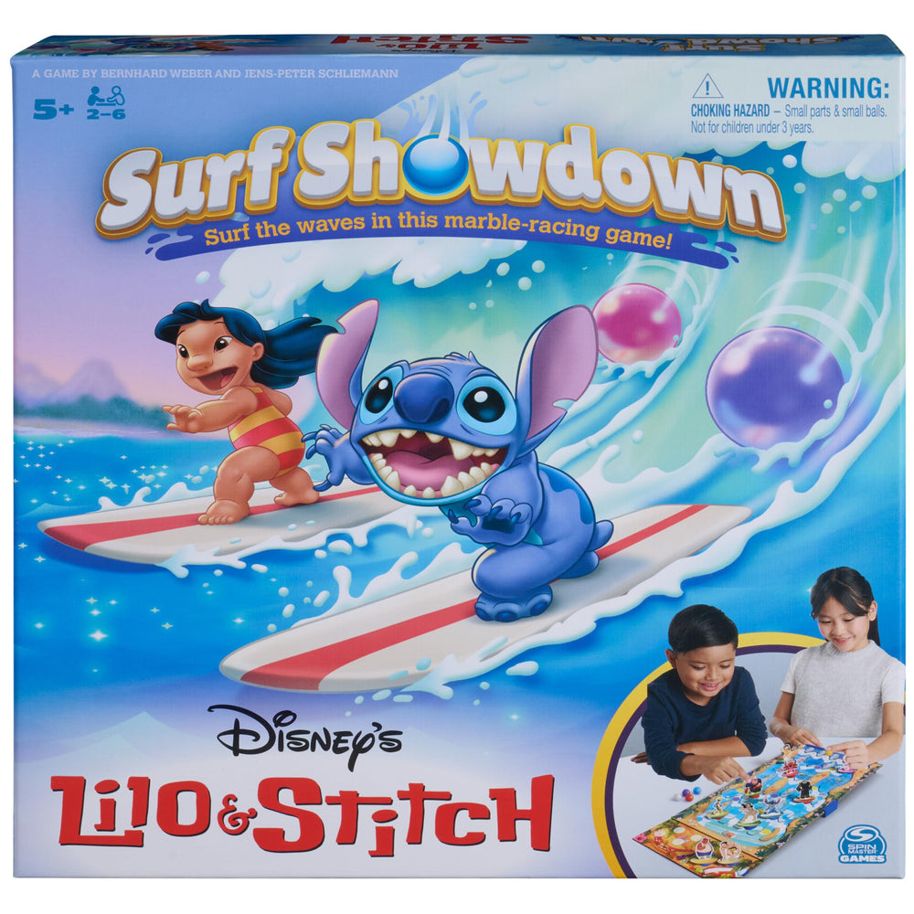 Spin Master Games Disney Lilo Stitch Surf Showdown board for family game night fun.