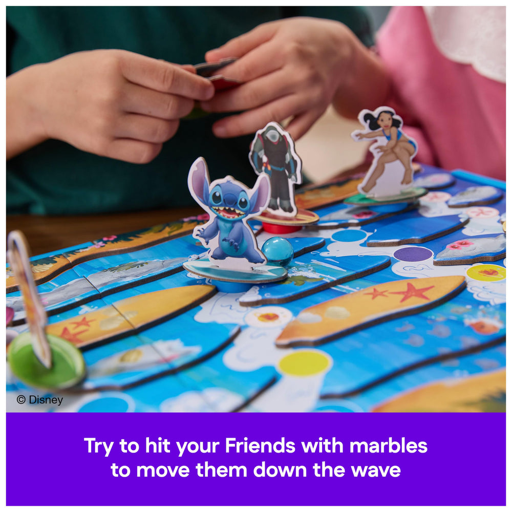 Spin Master Games Lilo Stitch Surf Showdown colorful surfboards and marbles on board.