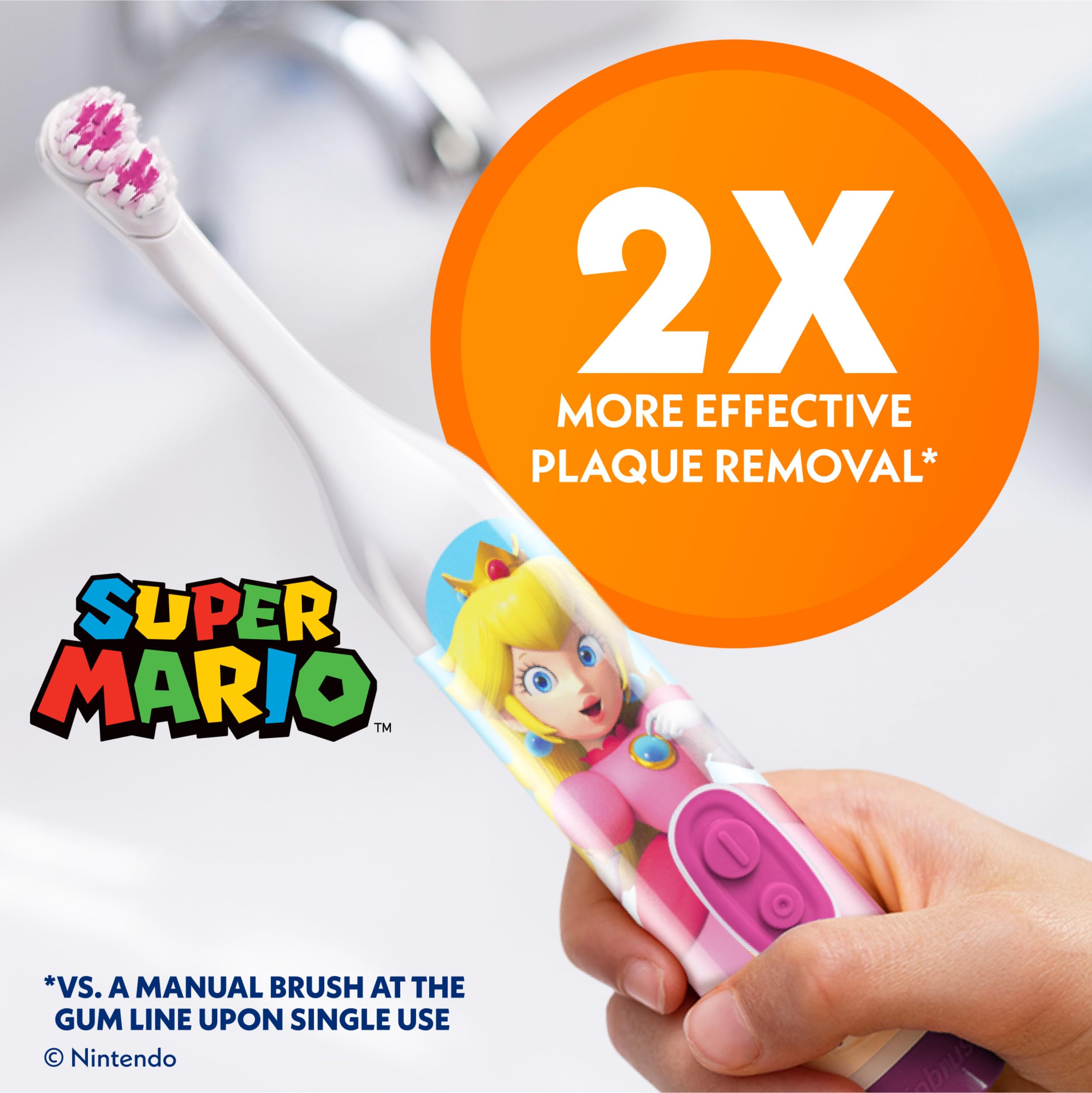 Spinbrush Princess Peach soft bristle head designed for gentle daily cleaning.