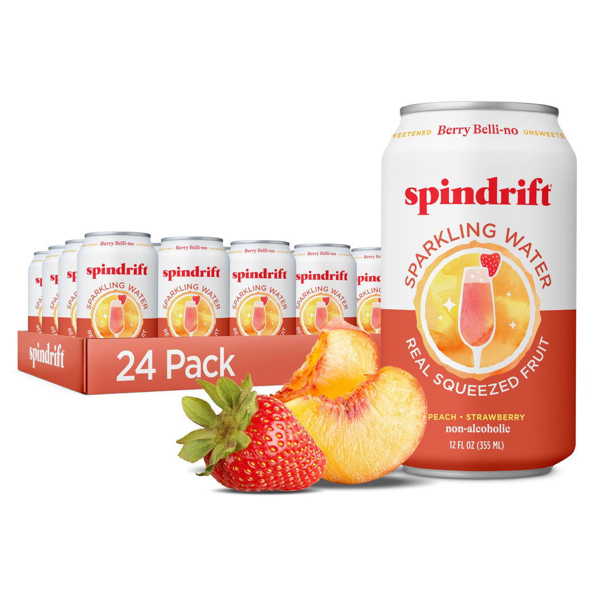 Spindrift Berry Belli-no can front view highlights real fruit flavor for refreshing sip.