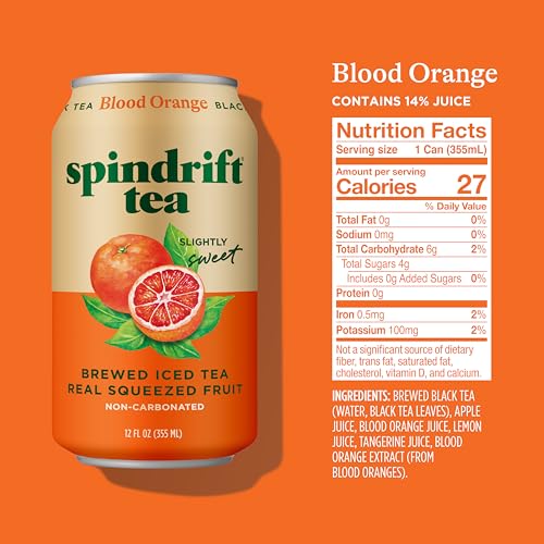 Side view of Spindrift Blood Orange Black Tea can highlighting pack of 12 convenience.