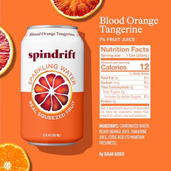 Spindrift blood-orange-tangerine sparkling water can side view highlights juice.