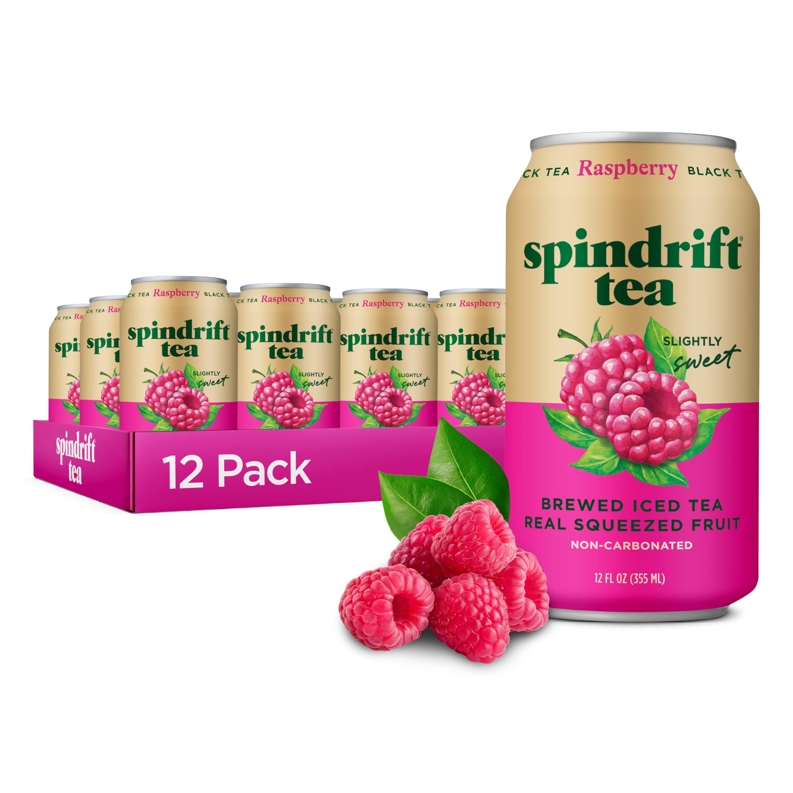 Spindrift Raspberry Black Tea can with real fruit for a crisp, refreshing sip.