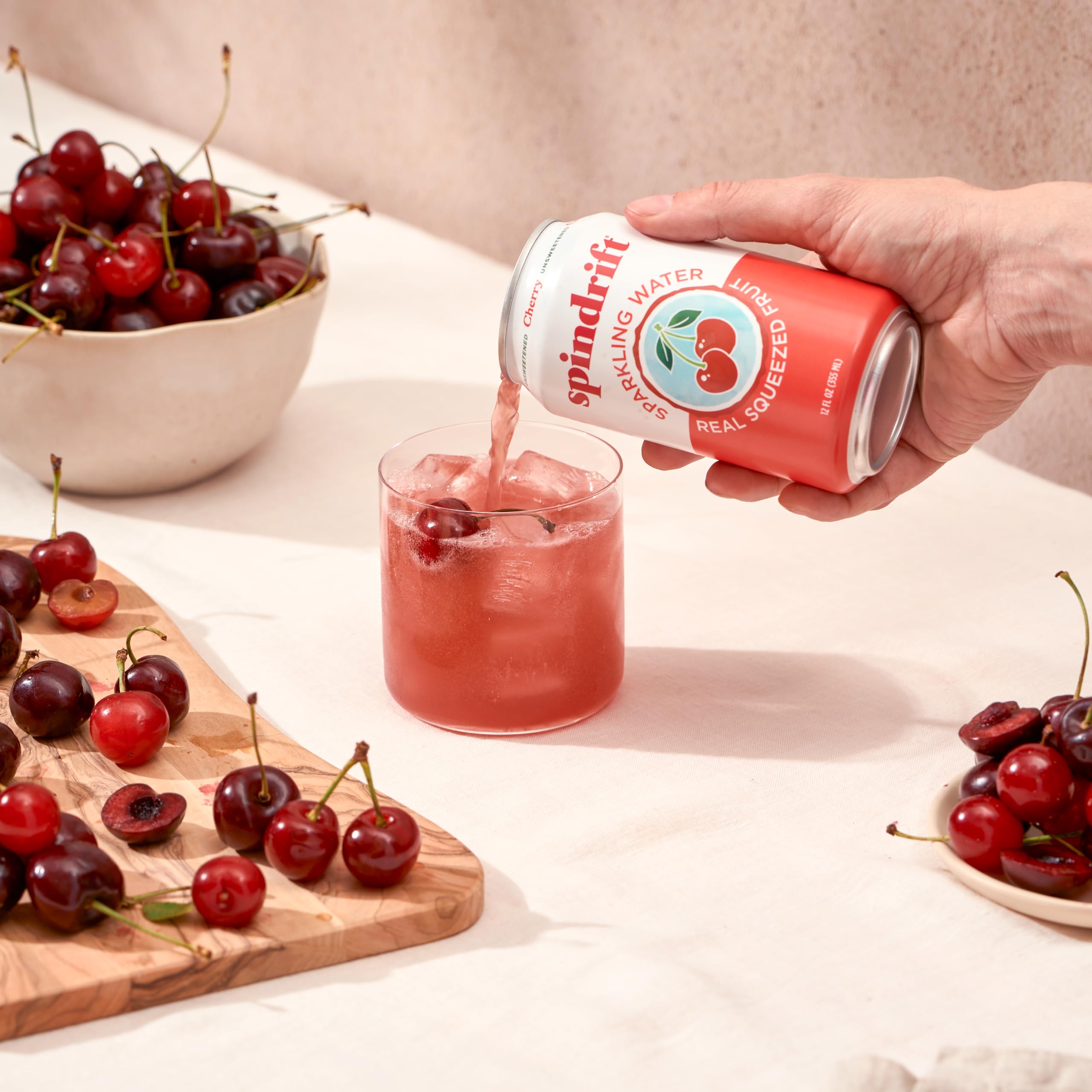 Spindrift Cherry can on table suggesting a ready-to-enjoy low-calorie option
