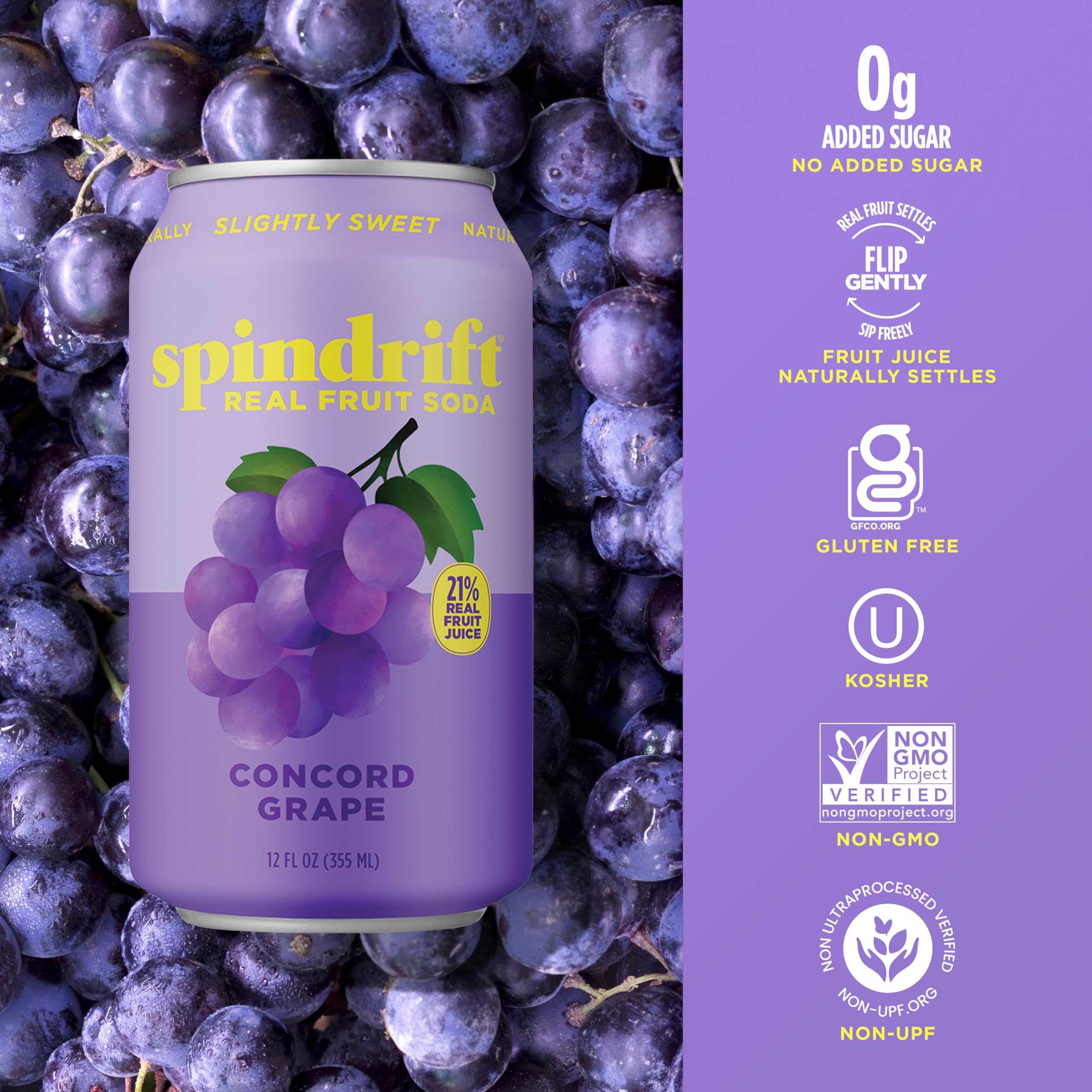 Glassy bubbles in a pale purple Concord Freeze grape soda pour.