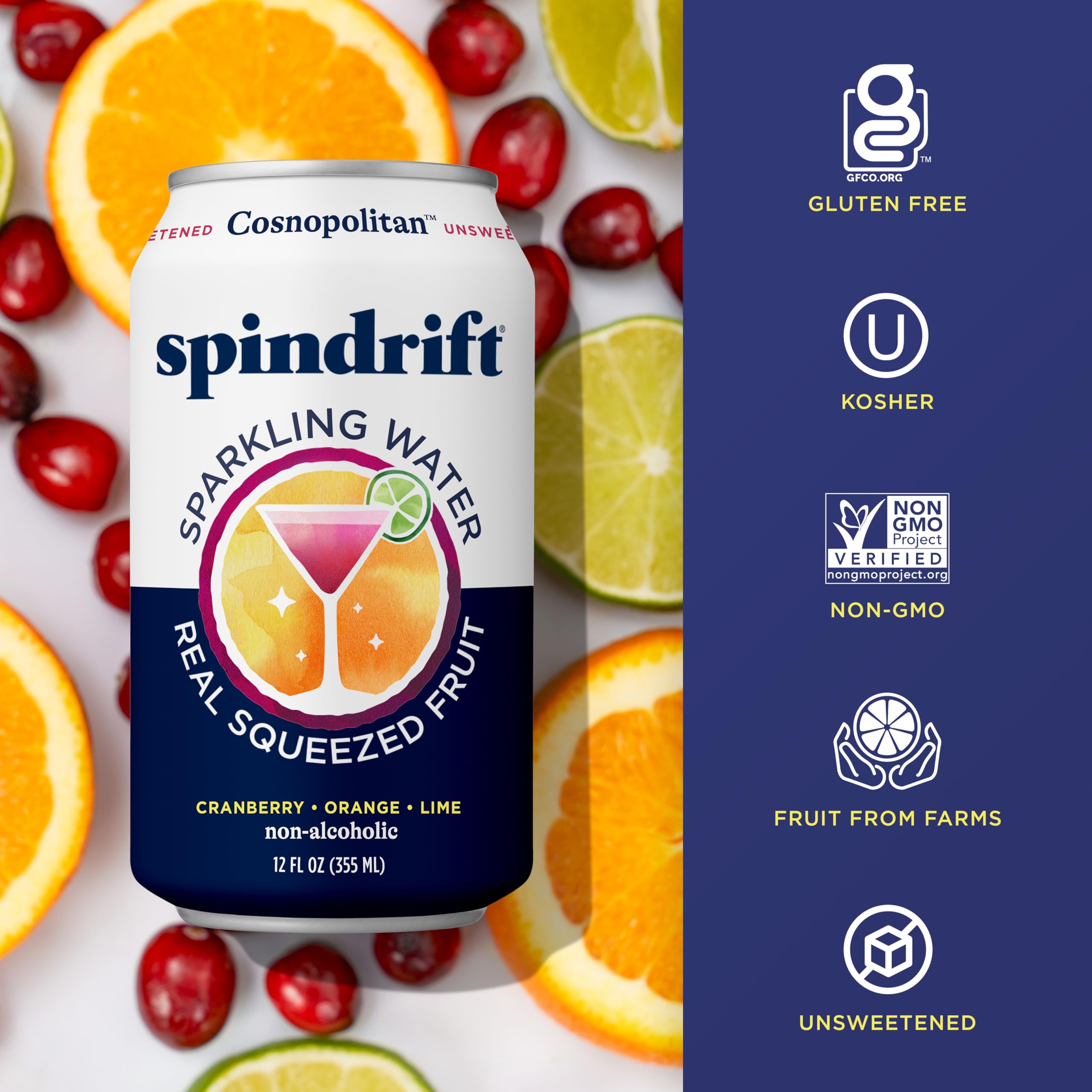 Spindrift Cosnopolitan pack shot displays 24-can supply for gatherings