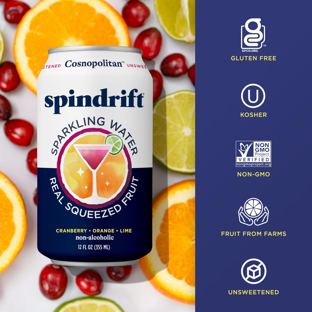 Spindrift Cosnopolitan pack shot displays 24-can supply for gatherings