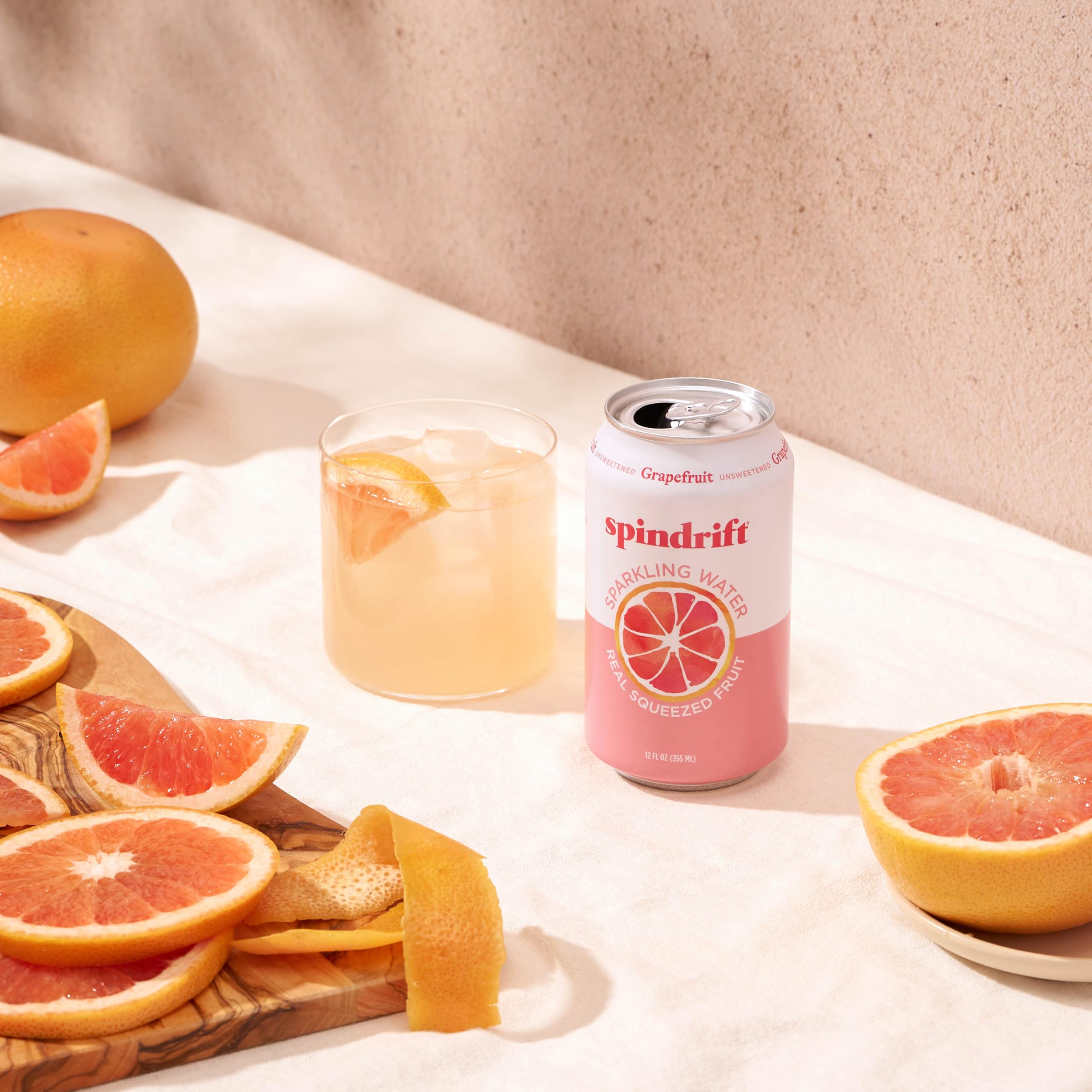 Spindrift farm-sourced fruit imagery emphasizes real grapefruit quality
