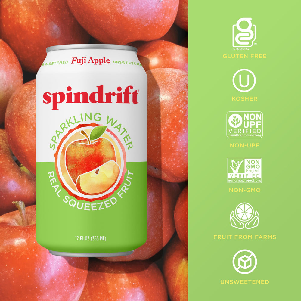 Spindrift Fuji Apple in a glass with visible bubbles and crisp aroma.