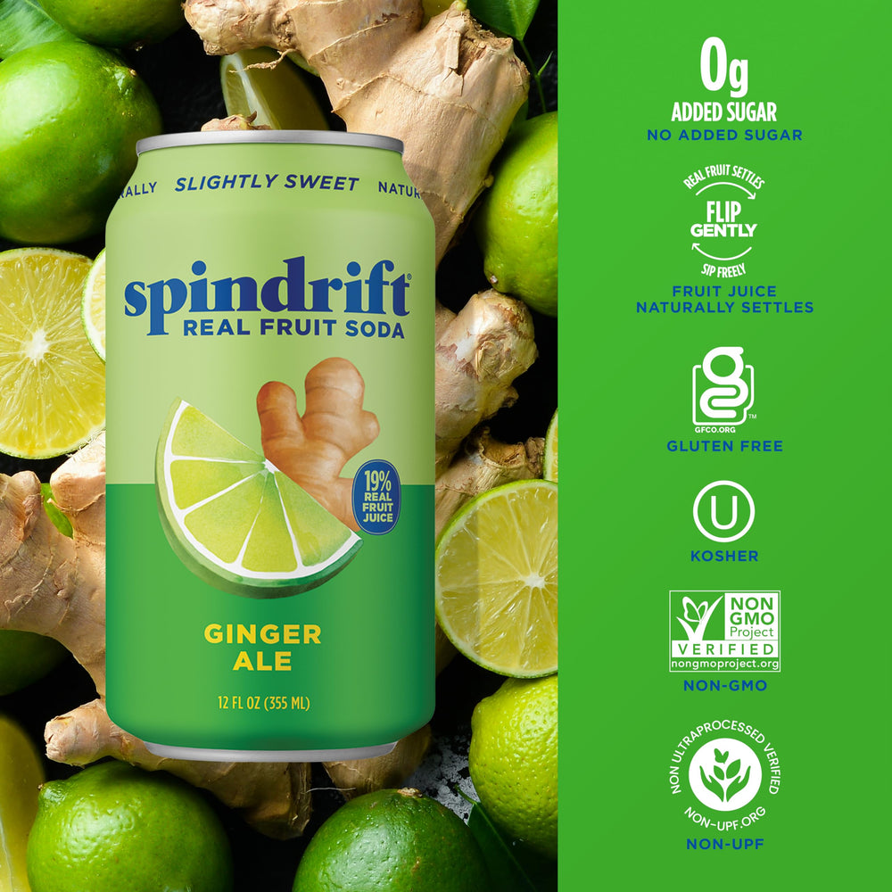 Spindrift Ginger Ale bottle reflects craft-quality with real squeezed fruit