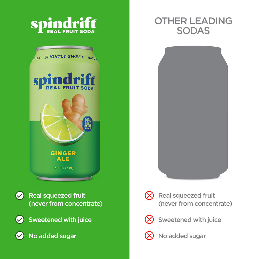 Spindrift Ginger Ale can features gluten-free, non-GMO, OU Kosher certifications