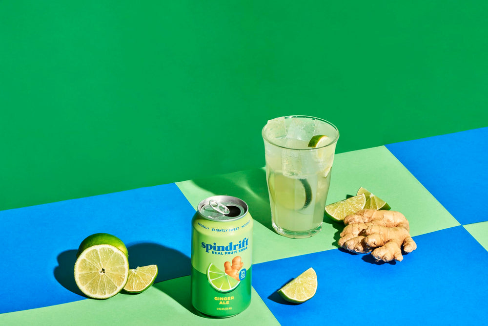 Spindrift Ginger Ale being poured over ice for refreshing presentation
