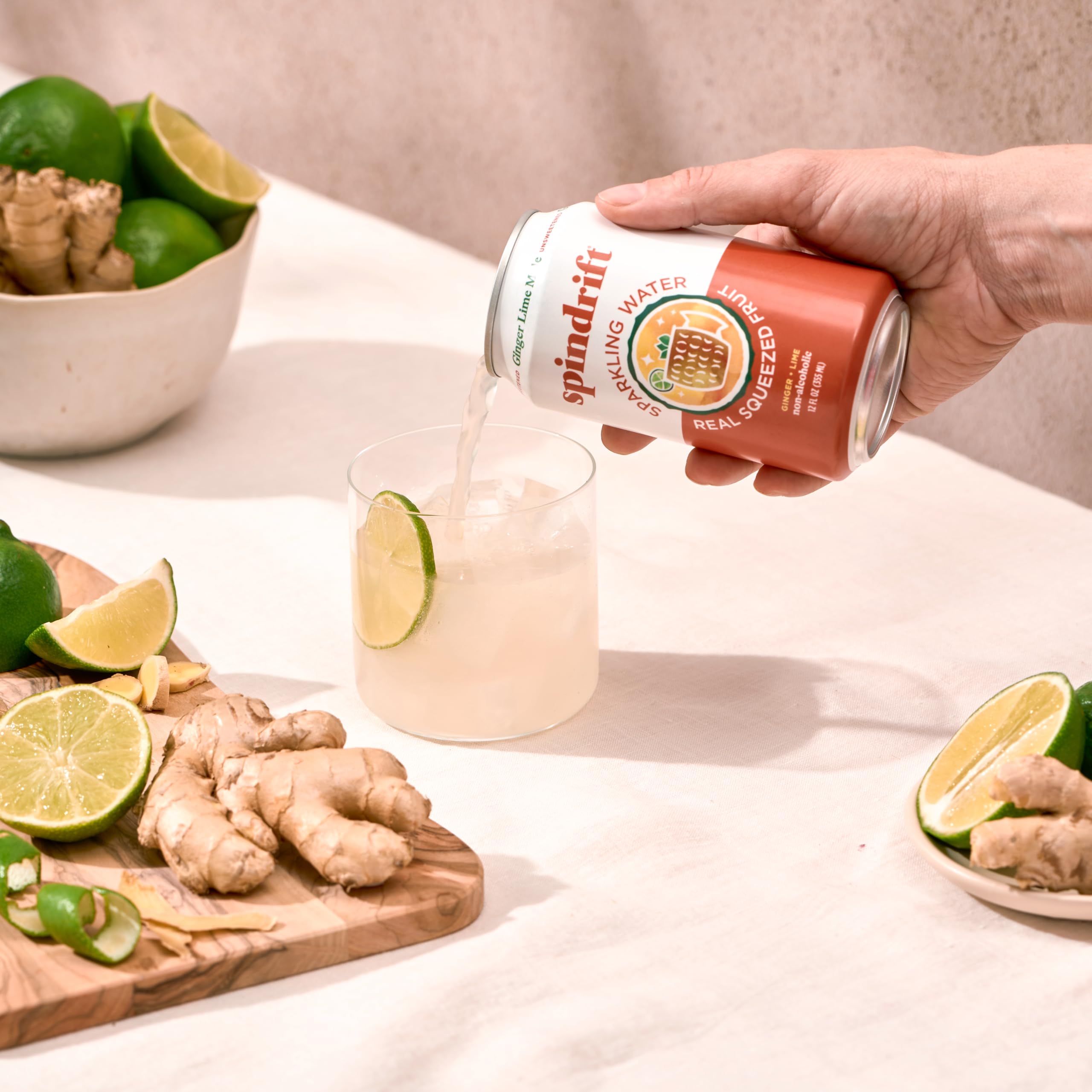 Spindrift Ginger Lime Mule in a glass mocktail for easy serving
