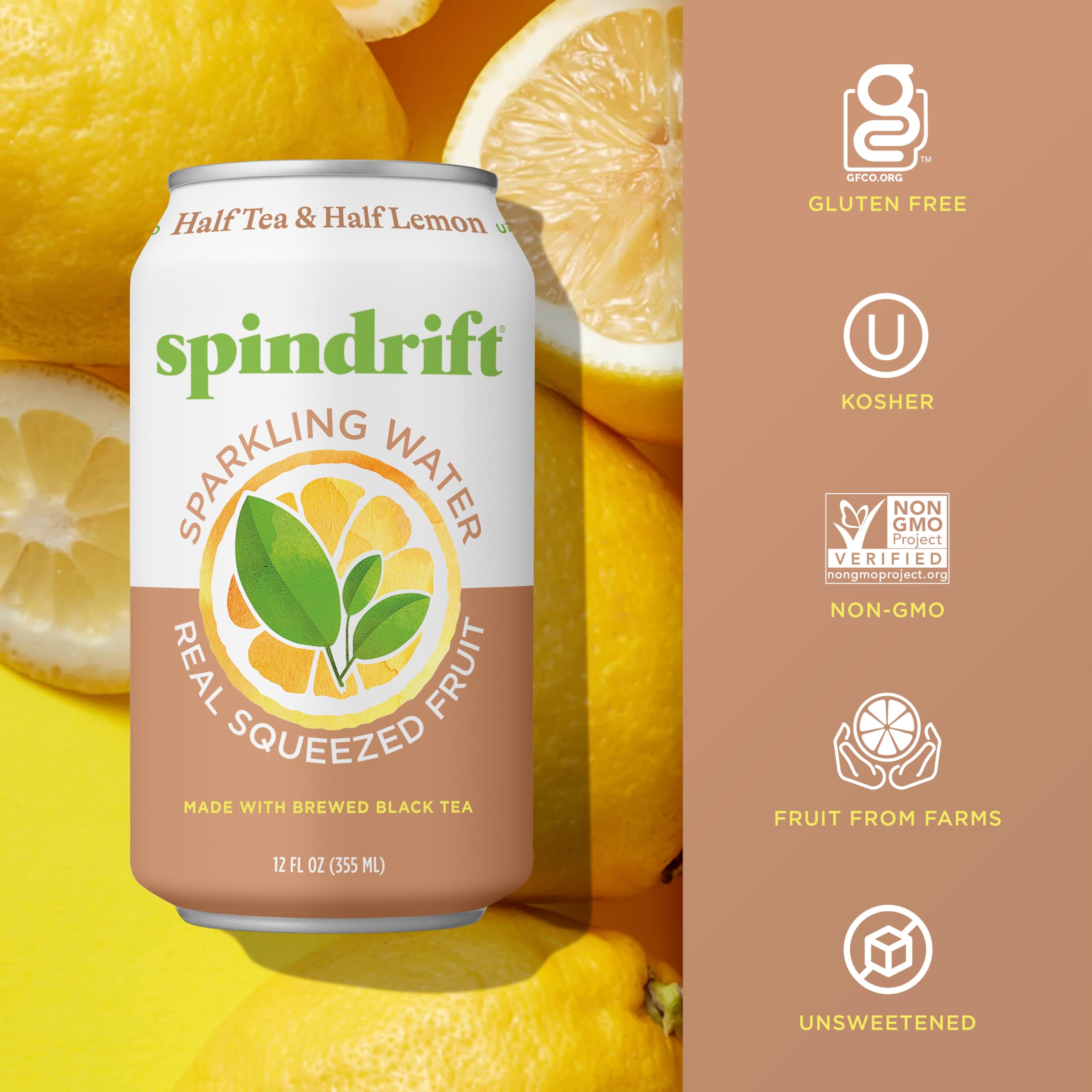 Gluten-free and non-GMO badges accompany Spindrift packaging.