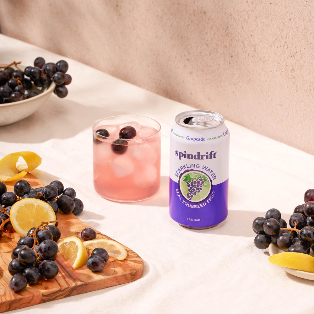 Spindrift Grapeade in fridge or pantry for convenient at-home refreshment.