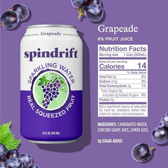 Spindrift Grapeade label close-up highlights real fruit and no added sugar.