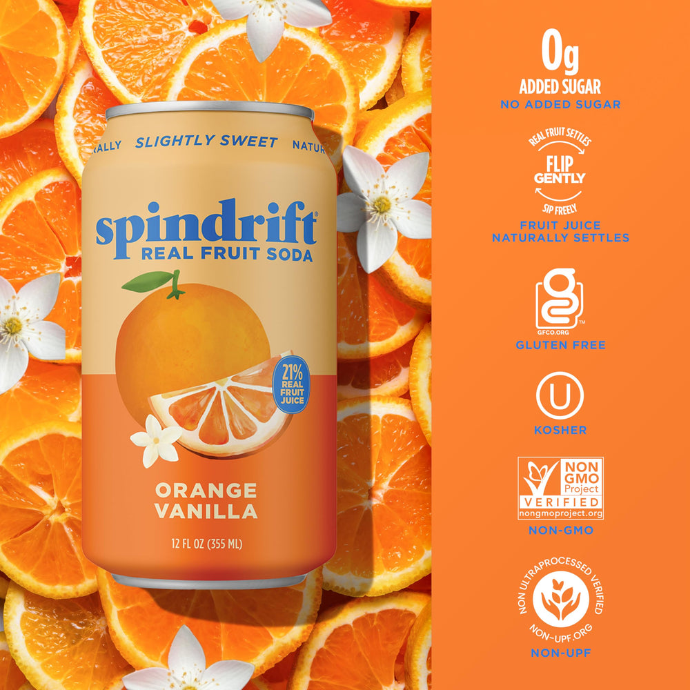 Spindrift ingredients graphic on glass conveys clean ingredients and gluten-free, non-GMO credentials.