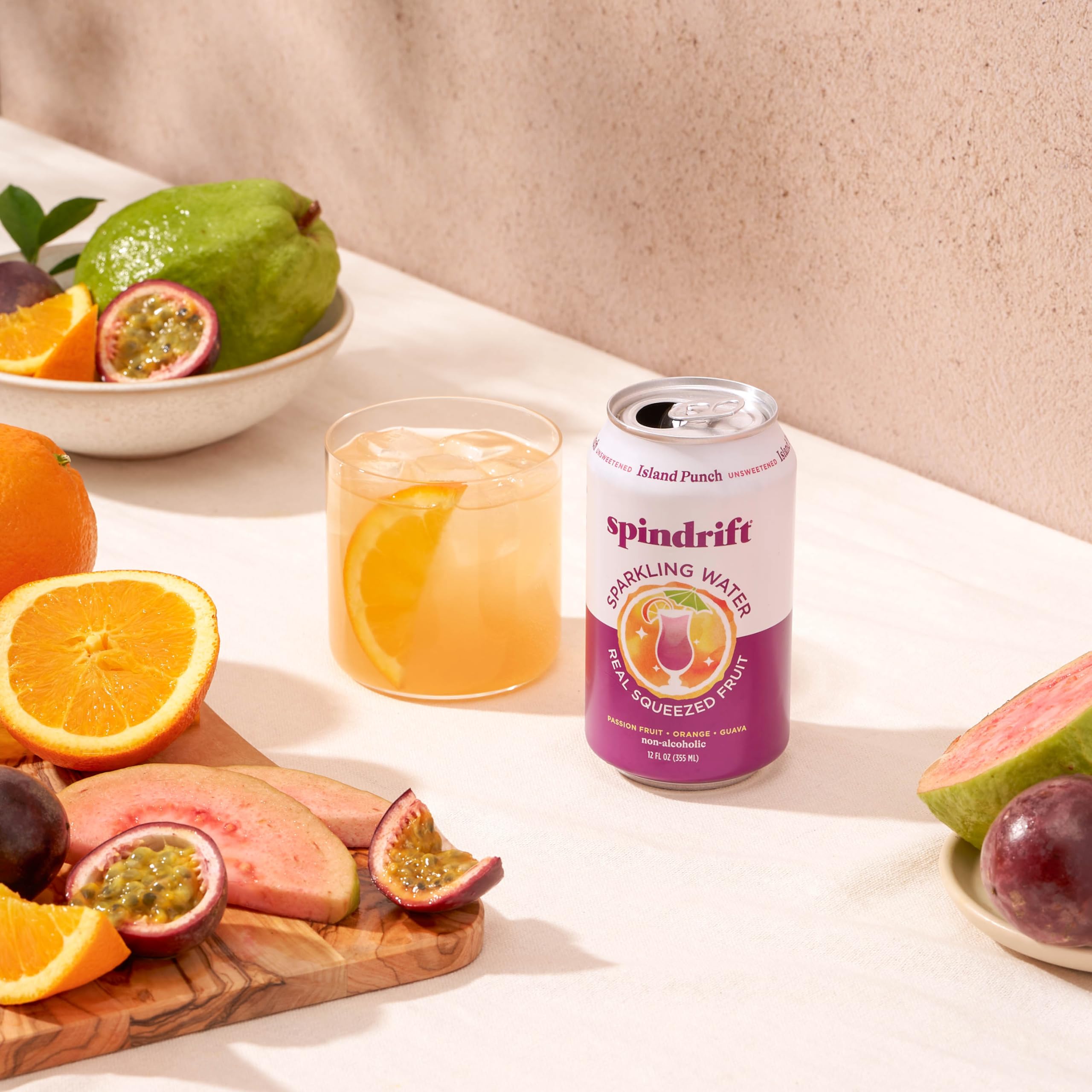 Spindrift Island Punch ingredients-glass shows natural fruit presence