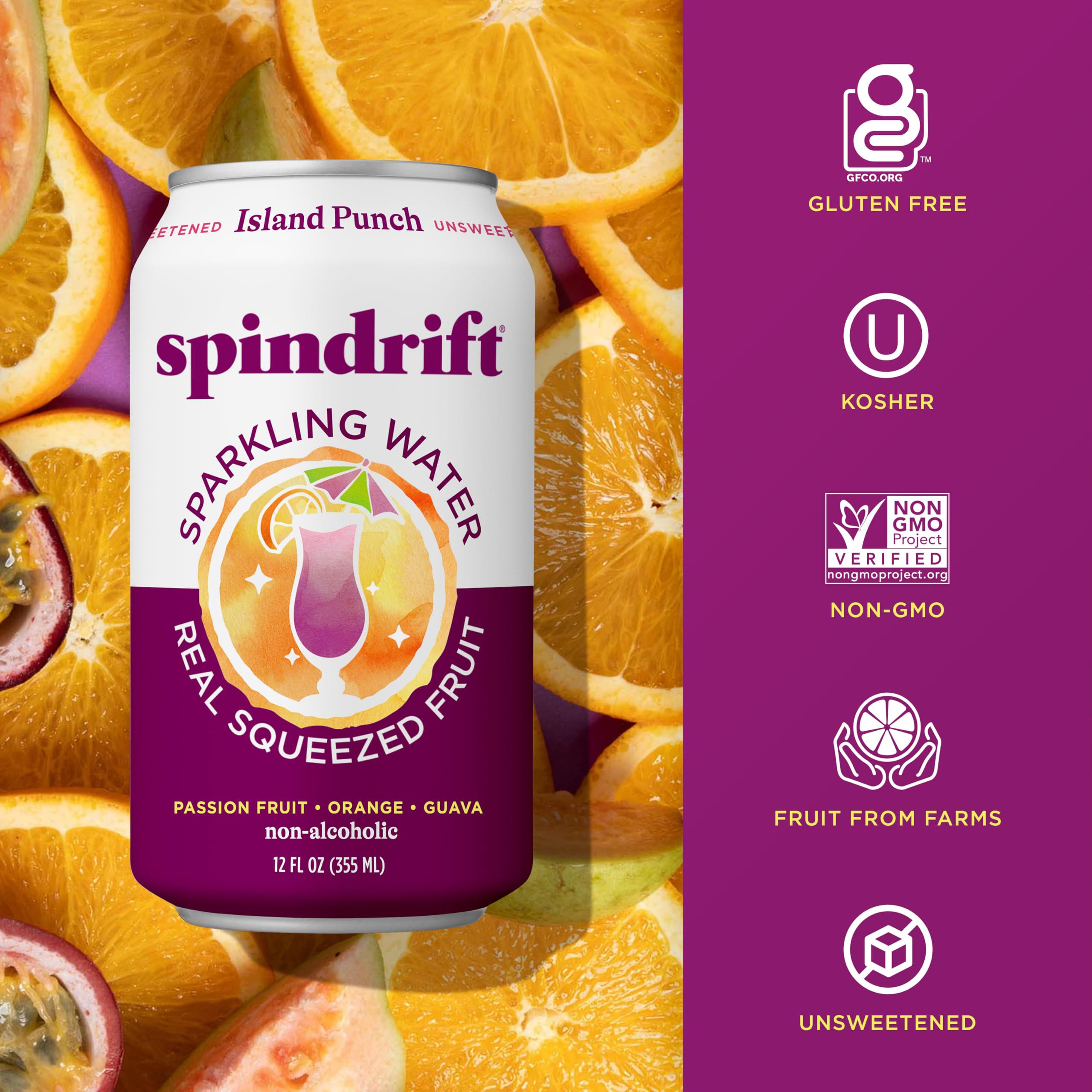 Spindrift Island Punch juice-closeup highlights 8% fruit juice