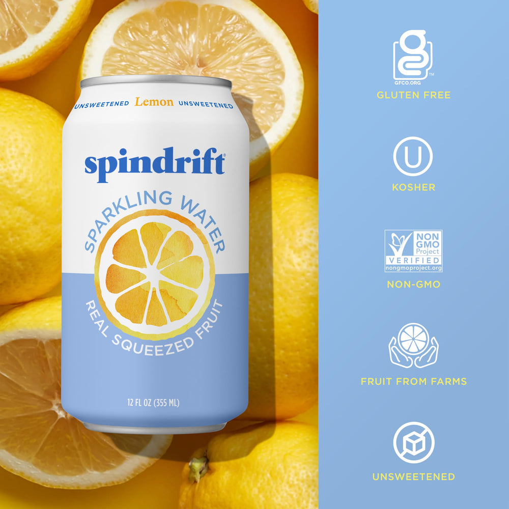 Spindrift Lemon label close-up emphasizing unsweetened composition.