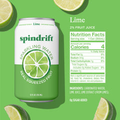 Spindrift Lime can side label emphasizes 4 calories per can, a light, refreshing choice