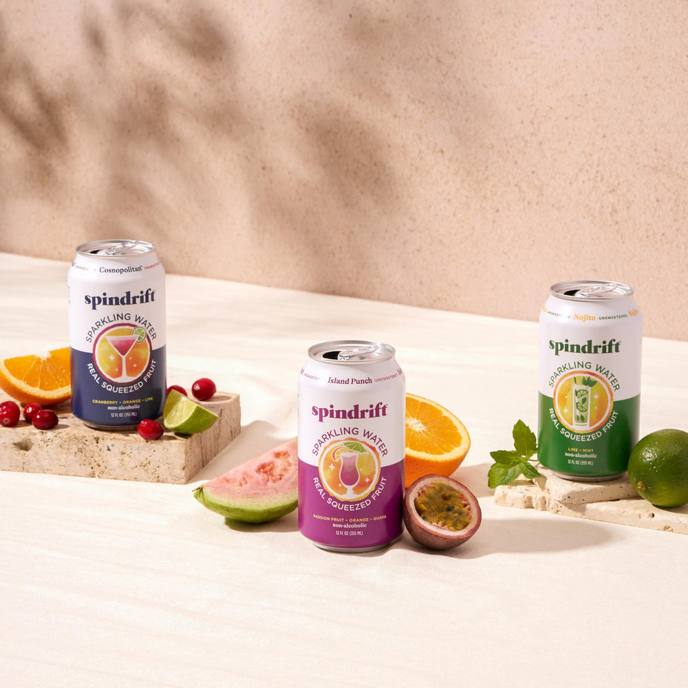 Spindrift Mocktail case display notes gluten-free, non-GMO, and kosher.