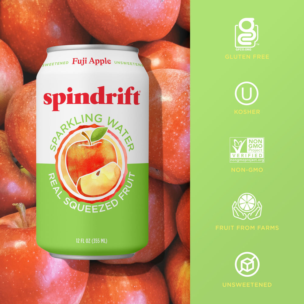 Spindrift nutrition facts card communicates calories and juice ratio.