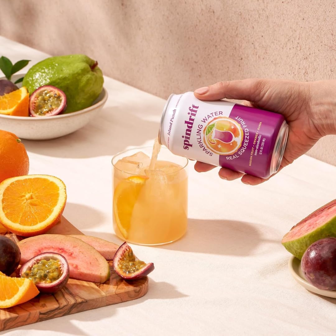 Spindrift 12-ounce cans in a pack demonstrate everyday variety.