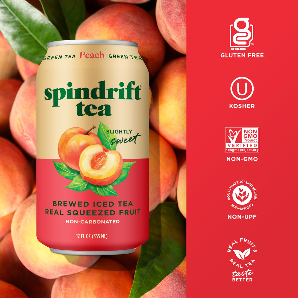 Pack of 12 Spindrift Peach Green Tea cans for easy refreshment.
