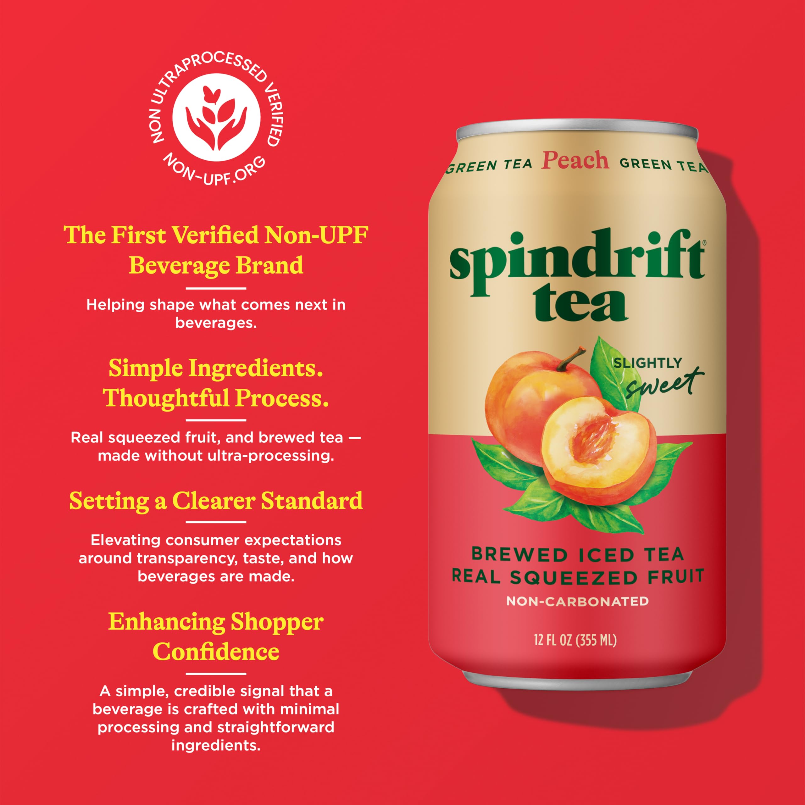 Fresh peaches beside Spindrift Peach Green Tea can highlight real fruit.