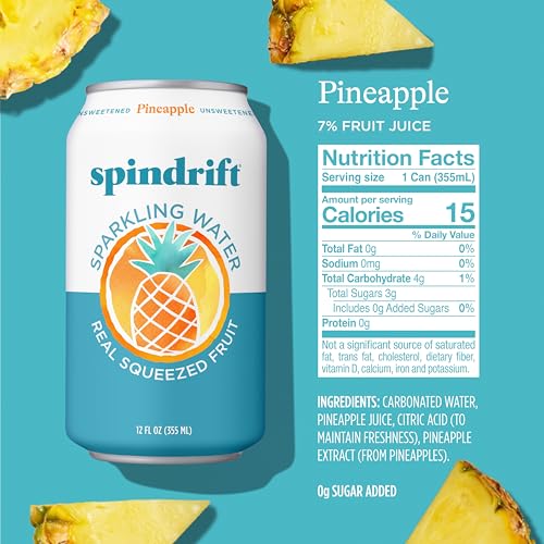 Close-up of an opened Spindrift Pineapple can releasing real fruit aroma and bubbles.