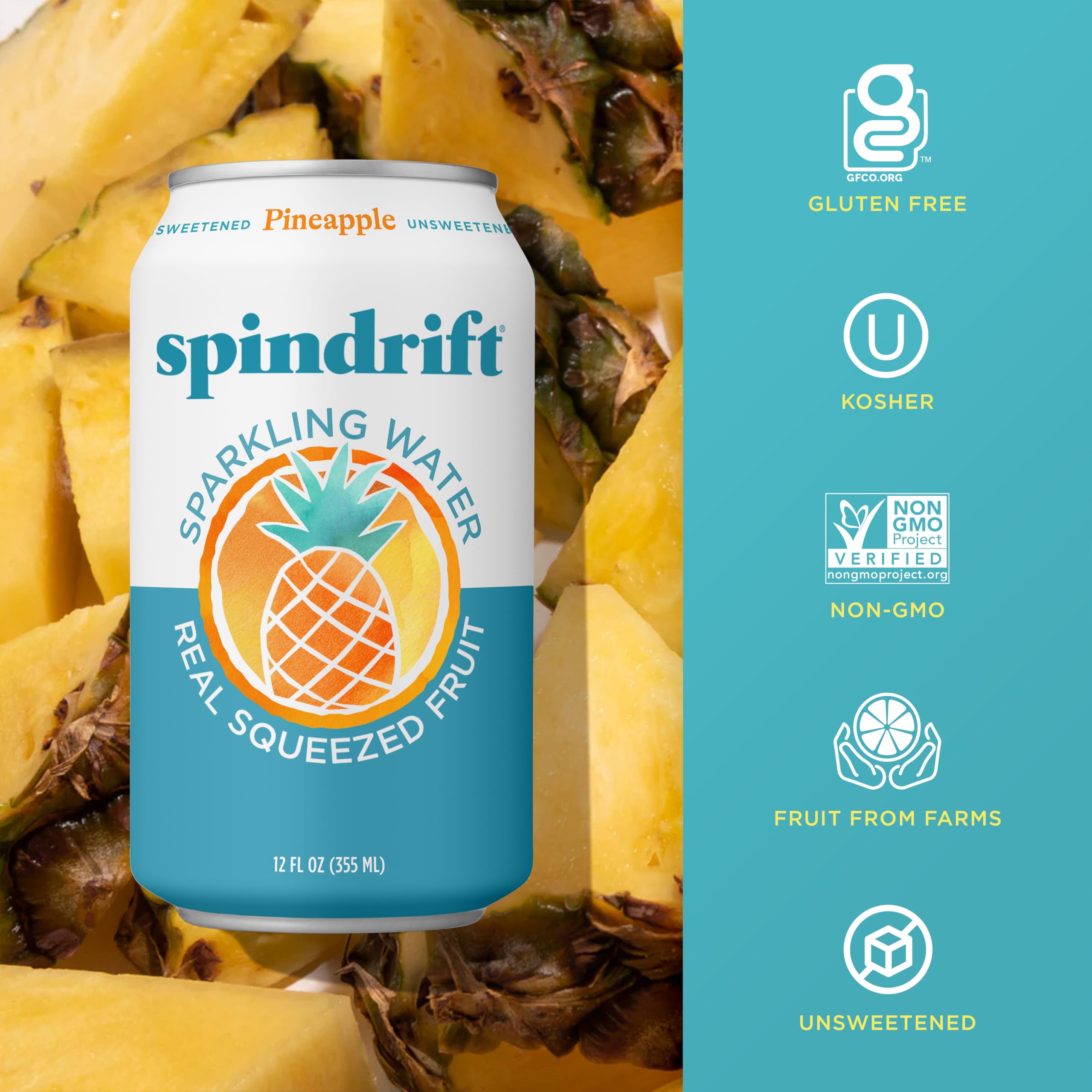 Spindrift Pineapple bottle label detail with non-GMO and kosher symbols.