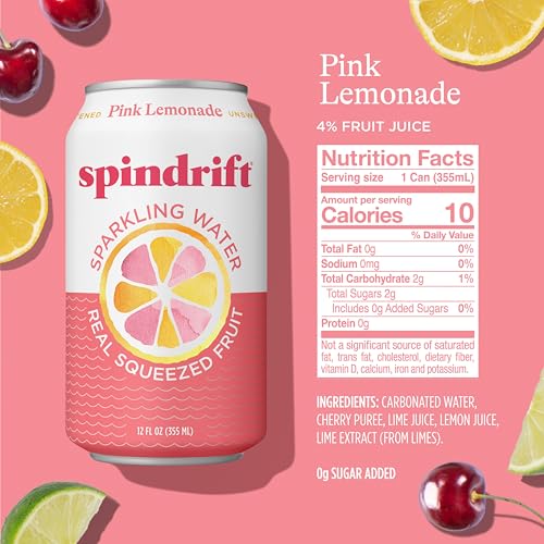 Spindrift Pink Lemonade can back highlights 5% fruit juice and clean ingredients.