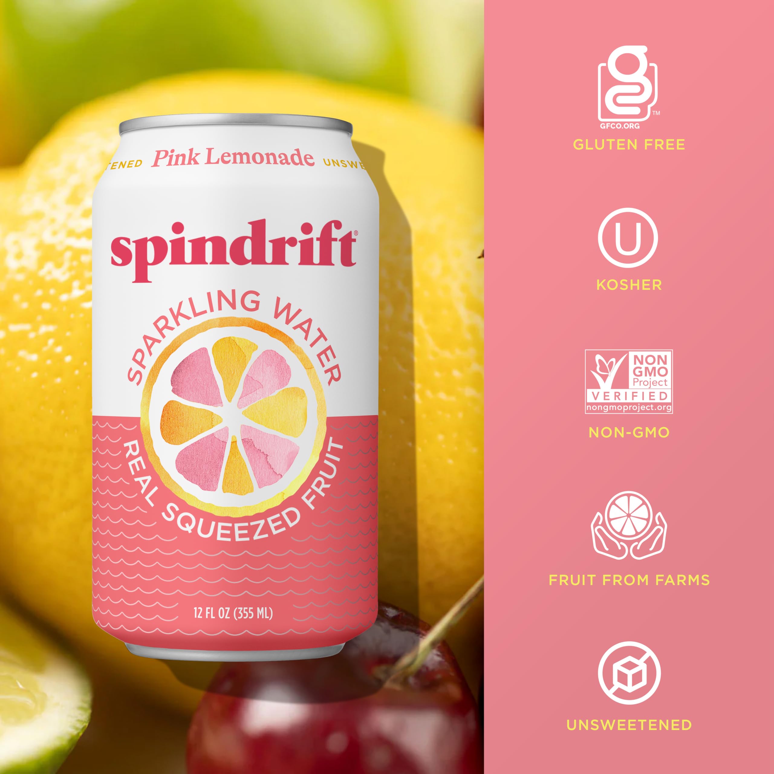 Spindrift Pink Lemonade label close-up highlights real fruit promise.