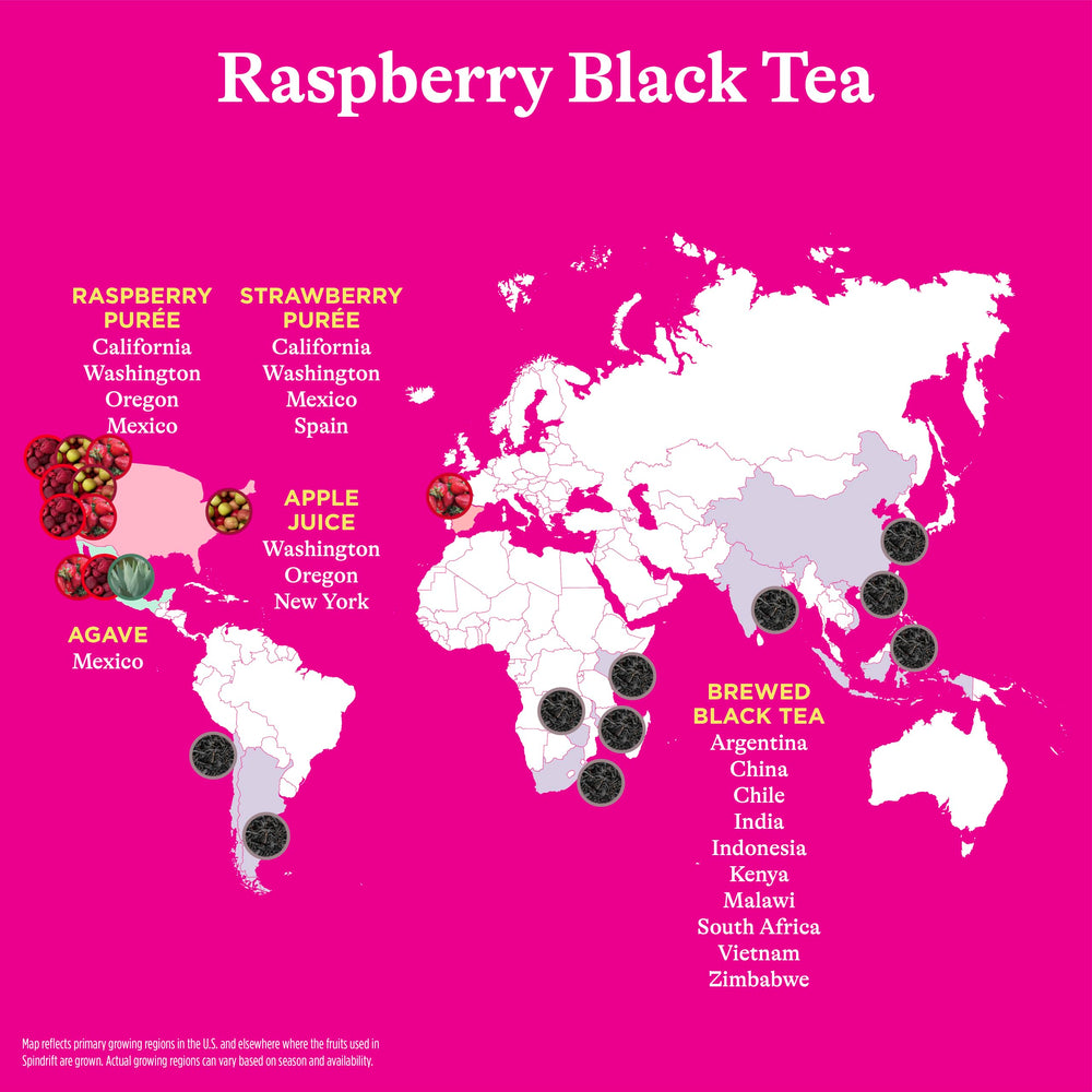 Close-up of real raspberries and tea on Spindrift Raspberry Black Tea label.