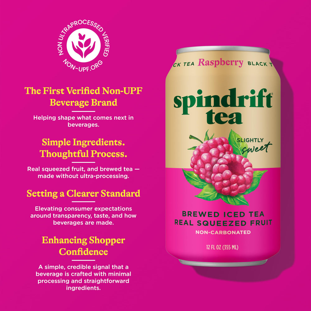 Spindrift Raspberry Black Tea label close-up showing real fruit origin.